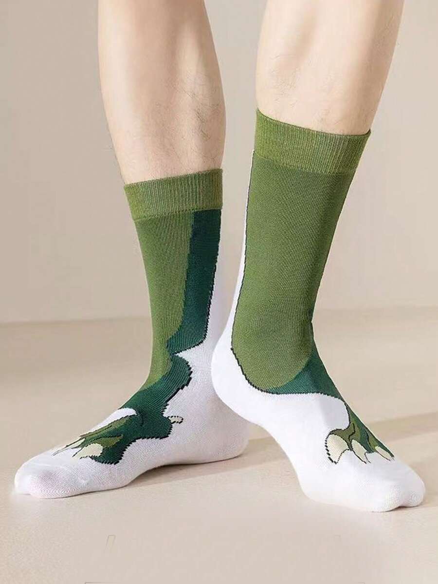 1双男士白色短袜，印有可爱的恐龙爪图案，创意十足，趣味盎然的中筒袜 - 白色 - 查看 1