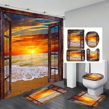 Bộ 1/4 rèm tắm in hình phong cảnh hoàng hôn trên bãi biển, kèm 12 móc treo, tạo không gian nghỉ dưỡng trang nhã, thảm tắm, thảm chữ U và thảm tròn cho bồn cầu, phù hợp với mọi không gian. - F - Xem 1