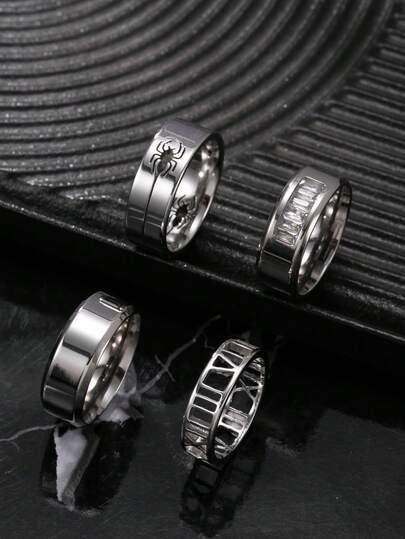 4 قطع من خواتم الرجال المصنوعة من الفولاذ المقاوم للصدأ بلون فضي، تتضمن عناصر مفصلة داخلية وخارجية، أرقام رومانية، عناكب وإكسسوارات من الراين، مناسبة للنساء للاستخدام اليومي والمناسبات