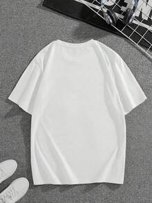Women's Logo T-Shirt, Summer Clothing, Fashionable Short Sleeve Office Casual T-Shirt, 200g Cotton, Character Print, Loose Fit, White Top, Y2K - White - View 2
