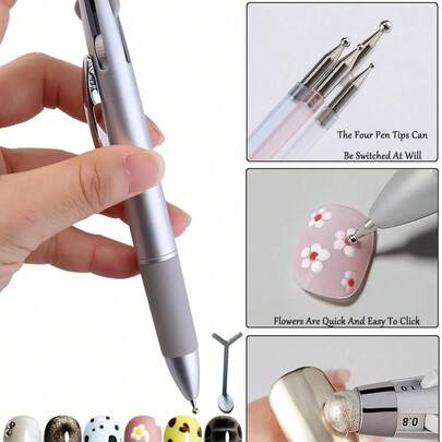 1pc 5-In-1 Nail Dotting Pen, Pressure-Sensitive Dotting Tool, Used For Gradient, Stripe, Dotting, Glitter Nail Art, Multifunctional DIY Nail Tool, Nail Art Painting Tool, Suitable For Nail Salons, Pen-Shaped Nail Art Design Tool, Equipped With Scale Markings And Press Heads, Suitable For Painting And Carving, Suitable For Beginners And Professionals