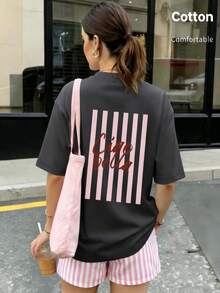Spring/Summer Oversized Tops, 100% Cotton Tops, Women's Round Neck Short Sleeve T-Shirts, Soft And Comfortable, Casual, Streetwear, Fun Striped Letter Slogan Prints, Y2K, Summer, Spring, Gym, Sport, Party Top, Vintage,Fun T-Shirts, Vacation, Beach, Casual, 90s, Cute Tops, Easter, Carnival, Office/Lounge/Home/Minimalist, Western, 80s American Retro Style, Unisex, Outerwear, Autumn/Winter, Black Top - Grey - View 6