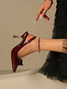 优雅尖头蝴蝶结细高跟凉鞋，性感派对礼服鞋，适合夏季通勤、夜店等场合，酒红色，黑色 - 酒紅色 - 查看 3