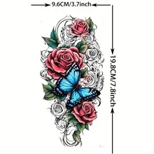 1 pieza Tatuaje temporal de flor de rosa y mariposa, pegatina de tatuaje falso impermeable para brazos y piernas de adultos, unisex - Negro - Ver 5