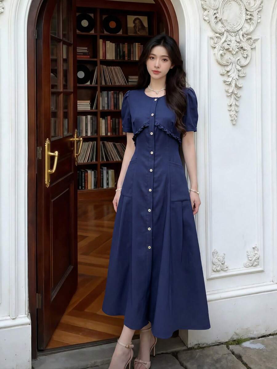 Đầm Y6Y - Mẫu đầm mùa hè mới màu xanh hải quân, kiểu dáng buộc dây, cài cúc đơn cho nữ. - Màu xanh hải quân - Xem 1