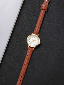 1 chiếc đồng hồ nữ chạy bằng pin, vỏ mạ vàng kết hợp với dây đeo da màu nâu ấm áp, thiết kế tối giản với mặt số rõ ràng, nhỏ nhắn và thanh lịch. - màu nâu - Xem 4