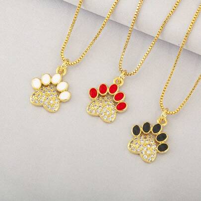 1pc White Zirconia 18k Gold Plated Copper Paw Print Pendant Necklace, Luxury Jewelry, Minimalist Design, Exquisite Gift For Women