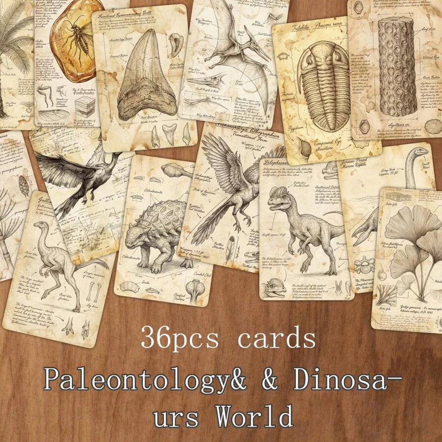 36/72pcs Vintage Dinosaur Paleontology Journal Cards - Vintage Science Sketch Style Dinosaur, Fossil, Prehistoric Plant And Anatomy Illustration Educational Cards, Perfect For Scrapbooking, Junk Journals, Planners, School Projects And DIY Crafts, Dinosaur Education Flashcard Set - A - View 1