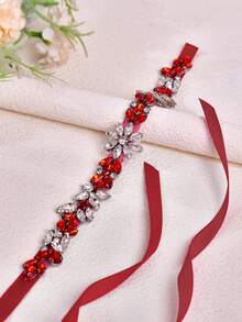 1pc Burgundy Rhinestone Wedding Dress Belt, Women's Dress Waist Accessory, Red Ribbon Decoration Suitable For Cocktail Party, Christmas Theme Party Evening Dress Belt - Red Ribbon - View 6