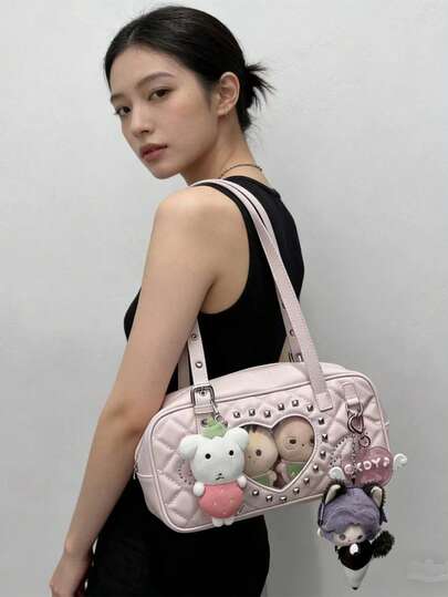 1个可爱菱形铆钉单肩包，Y2K铆钉翅膀手提包，多巴胺粉色清新动漫透明装饰包，PU材质拉链设计，可展示心爱玩偶，DIY痛包，适合日常通勤、购物、聚会、漫展、旅行，可搭配JK制服和洛丽塔连衣裙