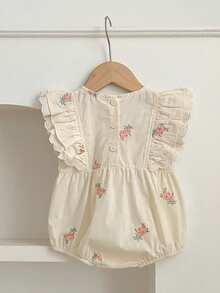 Baby Girl Bodysuit, Korean Style New Summer Lightweight Baby Girl Floral Embroidery, Sweet Lace Trim Outfit - Apricot - View 3