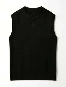 GRDR New Men's Summer Henley Neck Sleeveless Knit Tank Top - Casual Versatile Vest - Black - View 5