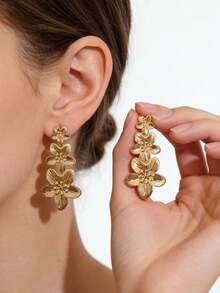 1 par de pendientes vintage con diseño desgastado de parches, trébol, flecos y flores, de estilo europeo y americano a la moda para el día a día - Pendientes de borlas con flores - Ver 1