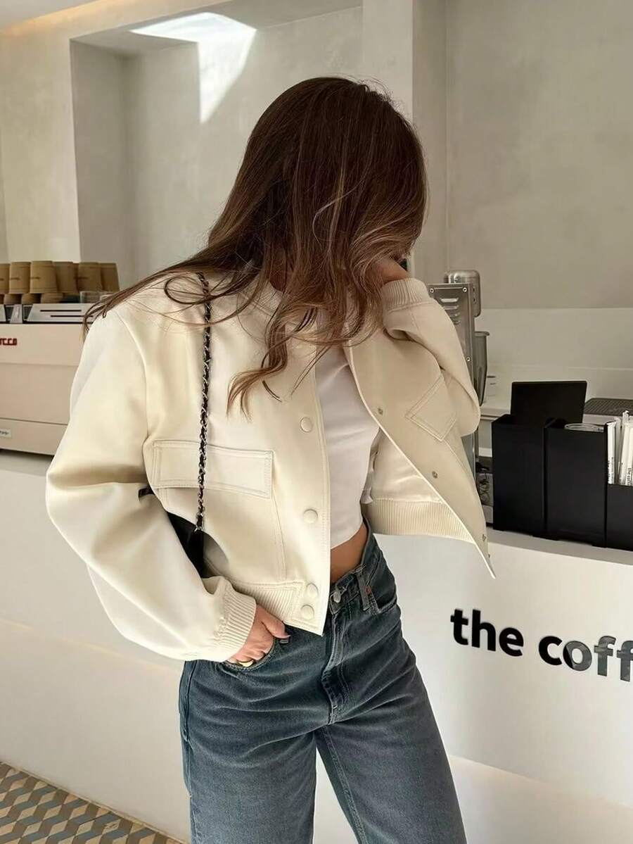 Áo khoác bomber nữ dáng rộng, tay dài, túi lớn, cổ đứng, phong cách thường ngày, áo khoác ngoài mùa xuân. - Màu be - Xem 1