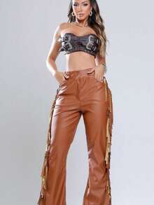 Women's Leather Rodeo Pants With Buttons, Side Pockets, Loose Threads, Beautiful Fringes, 2026 Promotion, Tight-Fitting Leather Pants For Rodeo Parties, Beautiful 2026 Rodeo Look, Long Tight-Fitting Leather Pants With Pockets And Fringes For Rodeo, Brown, Beautiful Brown Leather Pants For Rodeo And Horseback Riding, Promotion, Parties, 2026, Wide Leg Leather Pants With Fringes, Rodeo Fashion, Stylish 2026. - 鏽棕色 - 查看 1