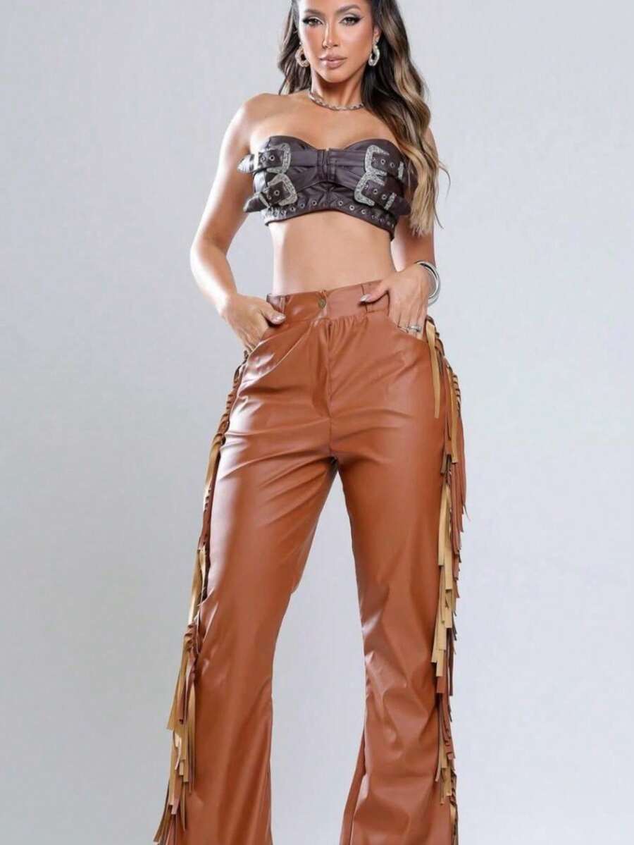 Women's Leather Rodeo Pants With Buttons, Side Pockets, Loose Threads, Beautiful Fringes, 2026 Promotion, Tight-Fitting Leather Pants For Rodeo Parties, Beautiful 2026 Rodeo Look, Long Tight-Fitting Leather Pants With Pockets And Fringes For Rodeo, Brown, Beautiful Brown Leather Pants For Rodeo And Horseback Riding, Promotion, Parties, 2026, Wide Leg Leather Pants With Fringes, Rodeo Fashion, Stylish 2026. - Rust Brown - View 1