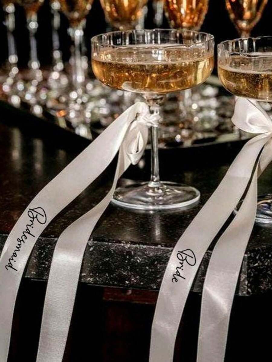 5/1pc Wedding Decoration Ribbon Set, Bride & Bridesmaid Decorative Ribbons, White & Champagne Wine Glass Ribbons, Wedding Table Decor, "Just Married" Wedding Ribbon, Polyester Champagne Bottle Ribbons, Suitable For Wedding Favors, Bachelorette Party, Bridal Shower, Anniversary, Wrist Decor, DIY Bow Decoration - Multicolor - View 1