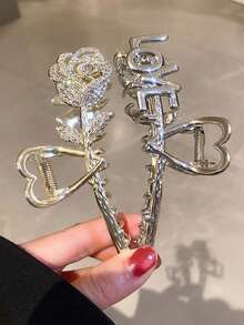 1PC Retro-Style Metallic Rose Flower Letter Double-Sided Hair Clip, Ins-Inspired Minimalist Heart-Shaped Updo Clip, Hair Claw - Silver - View 5