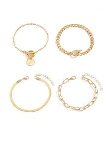 Set de 4 piezas de pulseras ajustables con cadena plana de serpiente estilo bohemio, cadena en forma de O creativa, regalo de moda punk - Amarillo Oro - Ver 6