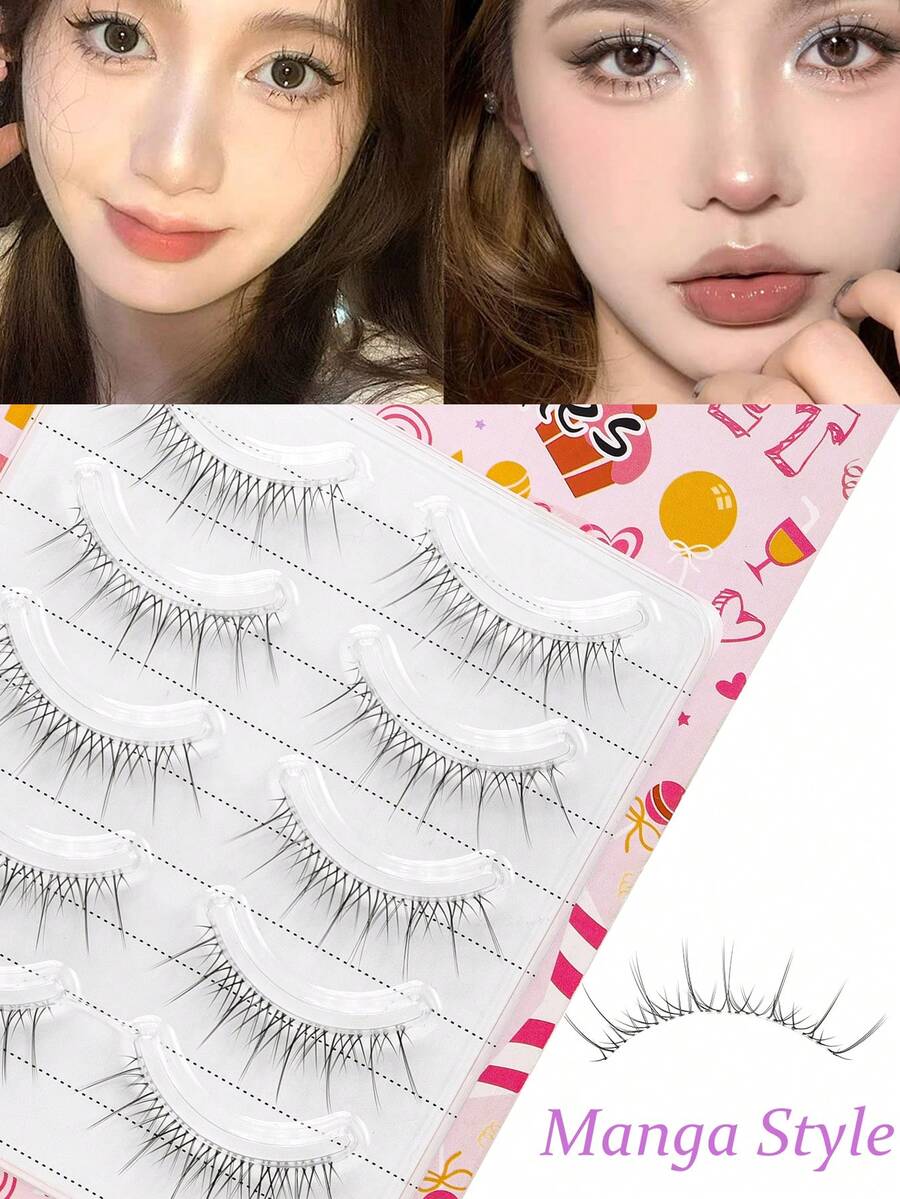 5 Pairs Manga Lashes Faux Mink Lashes Natural Short Full Strip Lashes Clear Band Soft Eyelashes Extension 3-12mm - Black - View 1