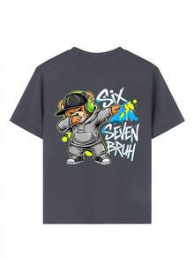 Camiseta infantil com estampa de ursinho de pelúcia "SIX SEVEN BRUH" para adolescentes. Ideal para uso casual, na rua, na escola e em eventos. Camiseta estilosa de verão para meninos. - Cinza escuro - Ver 7