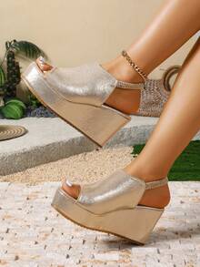 Women's Platform Waterproof Peep Toe Wedge Sandals With Elastic Strap - Gold - View 6