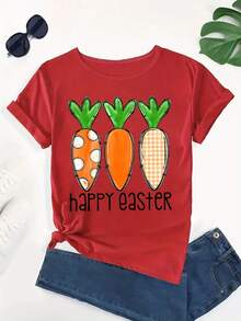 Camiseta de manga corta con cuello redondo y estampado de letras y zanahorias, estilo casual y a la moda, para mujer de talla grande. TG3O - Rojo - Ver 1