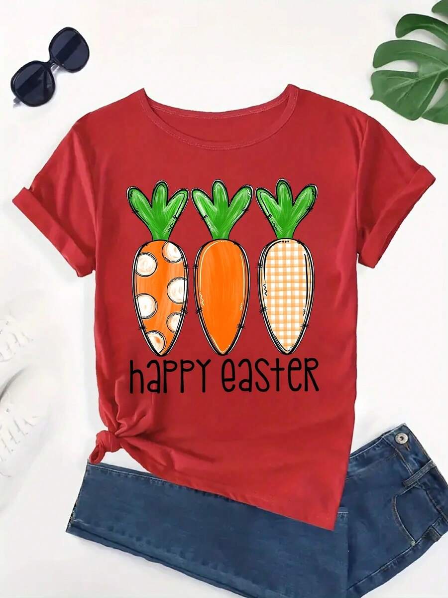 Camiseta de manga corta con cuello redondo y estampado de letras y zanahorias, estilo casual y a la moda, para mujer de talla grande. TG3O - Rojo - Ver 1