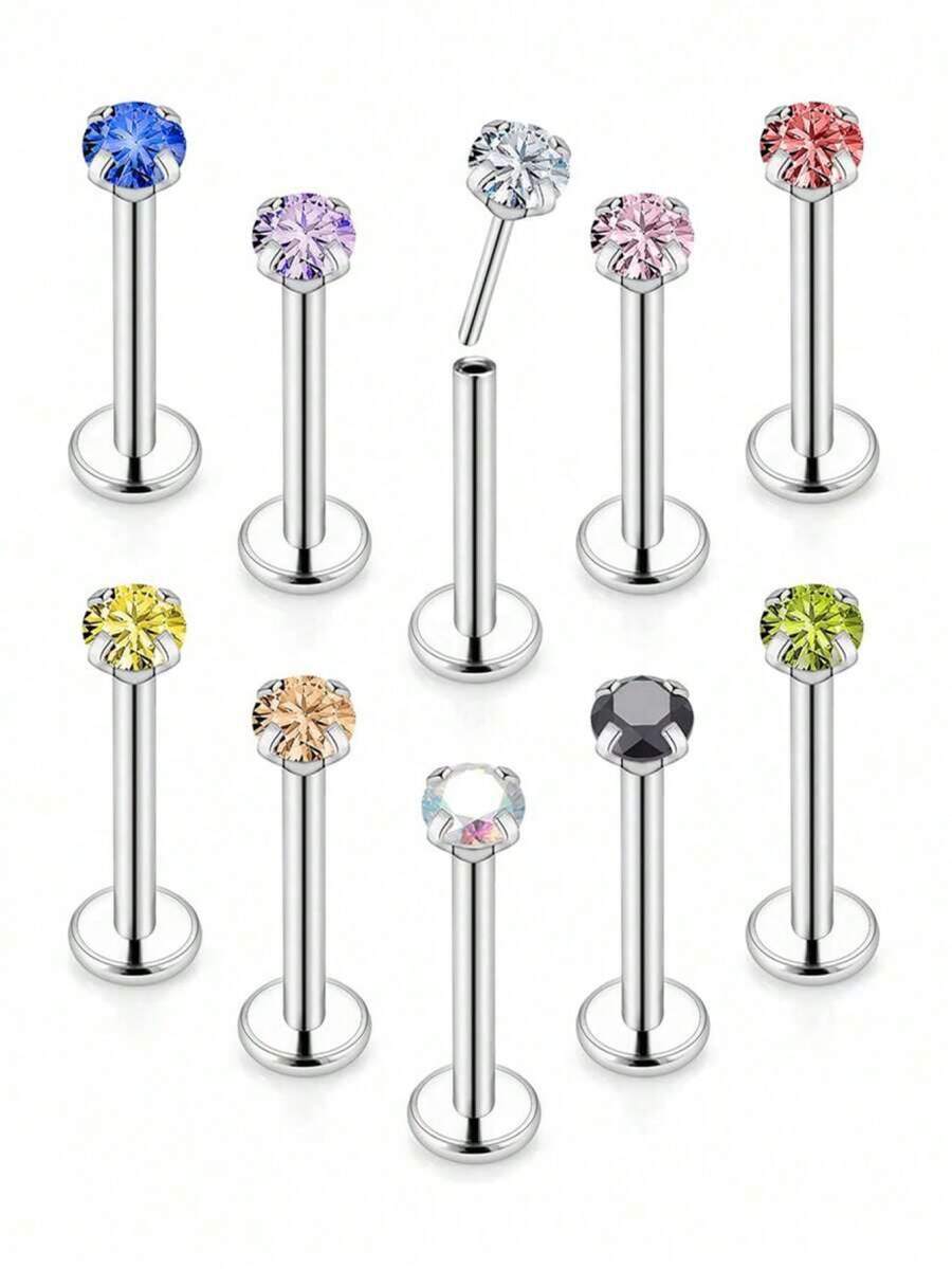 10个装 20G 18G 16G 推入式唇环 不锈钢唇钉饰品 唇环 指甲软骨耳骨耳环 耳钉 鼻环 穿刺饰品 男女通用 3mm CZ - 彩色 - 查看 1
