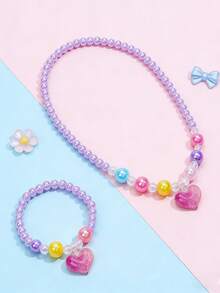 2pcs/Set Kids Heart Pendant Necklace & Beaded Bracelet Jewelry Set, Sweet Princess Style, Suitable For Girls Daily Wear, Birthday Party, Holiday Gift - one-size - View 5