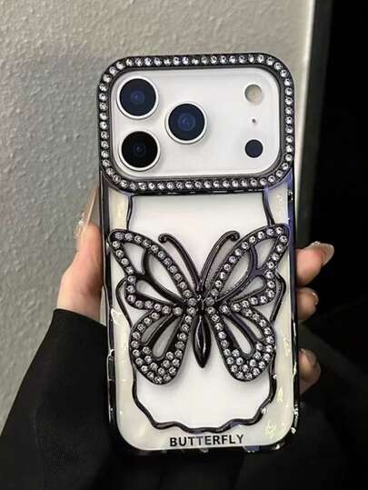 适用于 17/16/15/14/13/17 Pro Max/16 Plus/15 Pro/14 Plus 的 1 件装电镀蝴蝶镂空闪钻手机壳，闪亮水钻防震保护套