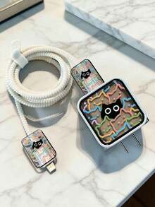 5pcs White Line Cat TPU Data Cable Protector Case, Suitable Compatible With Apple 20W/18W Fast Charger Adapter - White - View 2