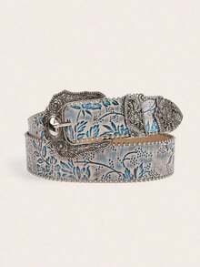 Women's Vintage All-Match Western Style PU Leather Belt With Three Buckles & Carved Flowers, Leopard & Cow Pattern Halloween Summer, School Fall, Autumn, Halloween - 黑色 - 查看 6