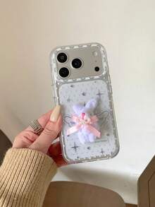 Polka Dot 3D Rabbit Ear Design Phone Case Compatible With Iphone 16 Pro Max, 17 New, 15 PM, Cute For IPhone 14 Pro, 16 Pro, Protective Cover For IPhone 14 Pro - Clear - View 3
