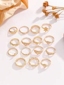 15pcs Set Moonstone Hollow Embossed Elephant, Moon, Star Design Rings, Suitable For Daily Wear And Parties - 15-piece Set - View 5
