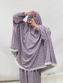 1 Set Soft Plus Size Outfit, Ditsy Floral Voile Hijab, Top With Lace Splice Cuffs, Waist + Maxi Skirt, Abaya Dress For Women Spring - Multicolor - View 14