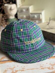 Retro Plaid "Lovely Love" Embroidered Soft-Top Comfortable Adjustable Peaked Cap, Unisex Green/Blue - A - View 5