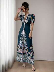 Elegant A-Line Dress For Women, Deep V-Neck, Short Puff Sleeves, Front Button Closure, Slit Hem, Suitable For Formal Occasions, Dinner Dates For Ages 20-35+ Summer - Green - View 5