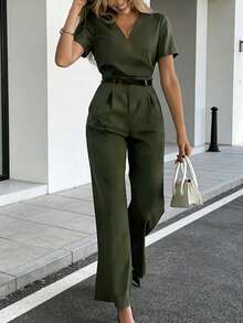 Women's Elegant Casual Outfit With Design Sense, V-Neck T-Shirt + High Waist Straight Leg Pants, Suitable For Daily Commute And Outings, Spring/Summer 2-Piece Set - Green - View 6