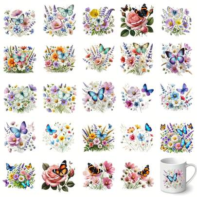 Set Of 24 Rose Butterfly Flowers Pattern Rub On UV DTF Transfer Stickers Sheets For 16Oz Glass Jars Mugs, Glass Cups Furniture, Glass, Cup - UV DTF Vinyl Featuring Vibrant Watercolor Butterfly Floral Patterns, Ideal For Projects, Home Decoration, And Gift Creation, Craft Embellishments | Floral Pattern | Vinyl, Flower Embellishments