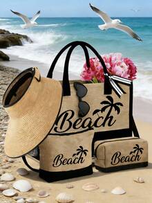 这款沙滩主题手提包套装印有“Beach”字样和棕榈树图案。这款时尚可折叠沙滩包适合游泳和海滩旅行。它还可以用作女士单肩包、购物袋或多功能收纳袋。时尚通勤手提包 - 彩色 - 查看 2