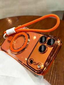 Luxury Electroplated Transparent Magnetic Ring Wireless Charging Phone Case With Lanyard, Suitable For IPhone 17 Pro Max, 17 Pro, 17, 16 Pro Max, 16 Pro, 16, 15 Pro Max, 15 Pro, 14 Pro Max, 14 Pro, 14, 13 Pro Max, 13 Pro, 13, 12 Pro Max, 11, With Wrist Strap Protective Cover - Orange - View 1