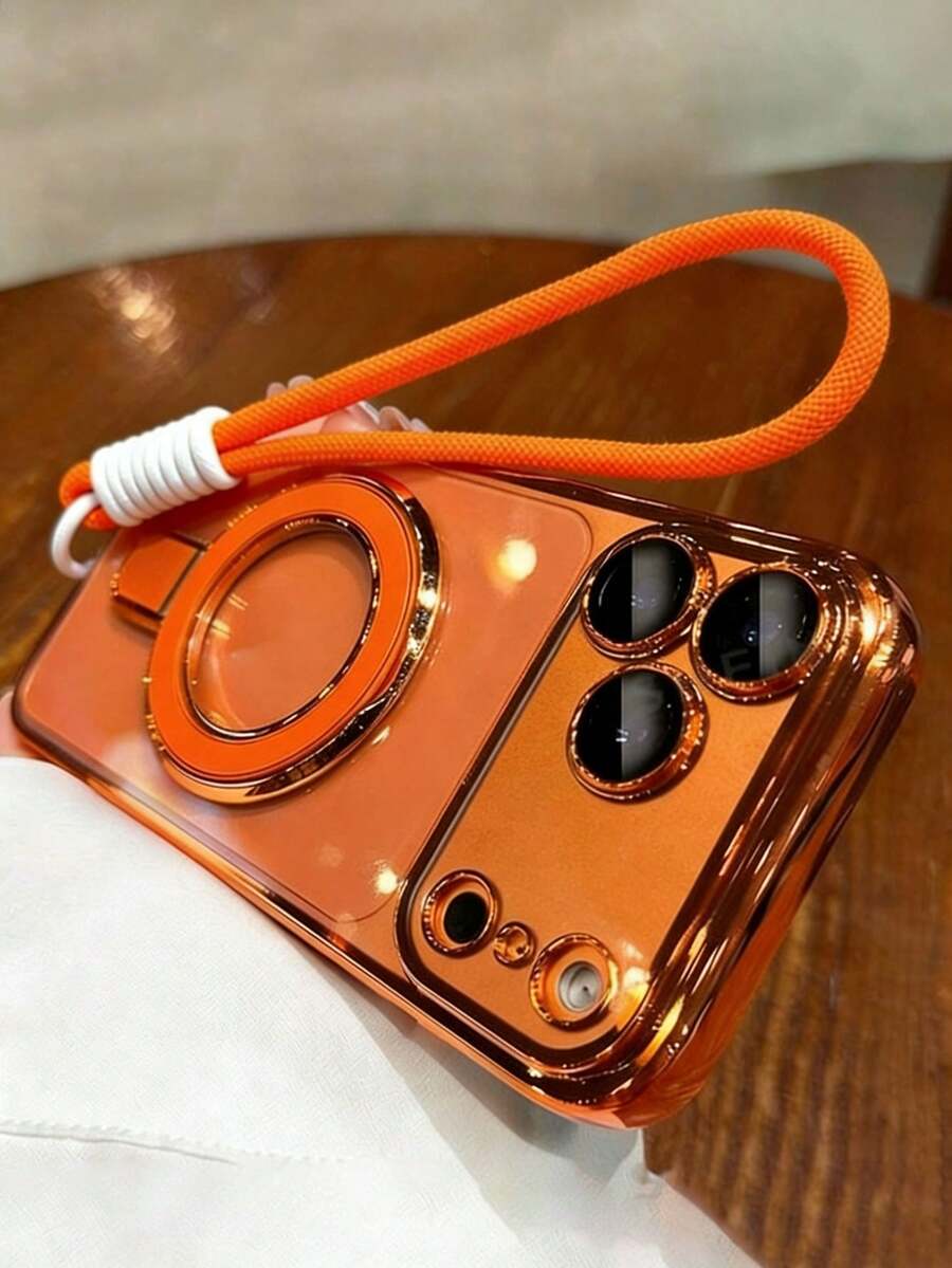 Luxury Electroplated Transparent Magnetic Ring Wireless Charging Phone Case With Lanyard, Suitable For IPhone 17 Pro Max, 17 Pro, 17, 16 Pro Max, 16 Pro, 16, 15 Pro Max, 15 Pro, 14 Pro Max, 14 Pro, 14, 13 Pro Max, 13 Pro, 13, 12 Pro Max, 11, With Wrist Strap Protective Cover - Orange - View 1