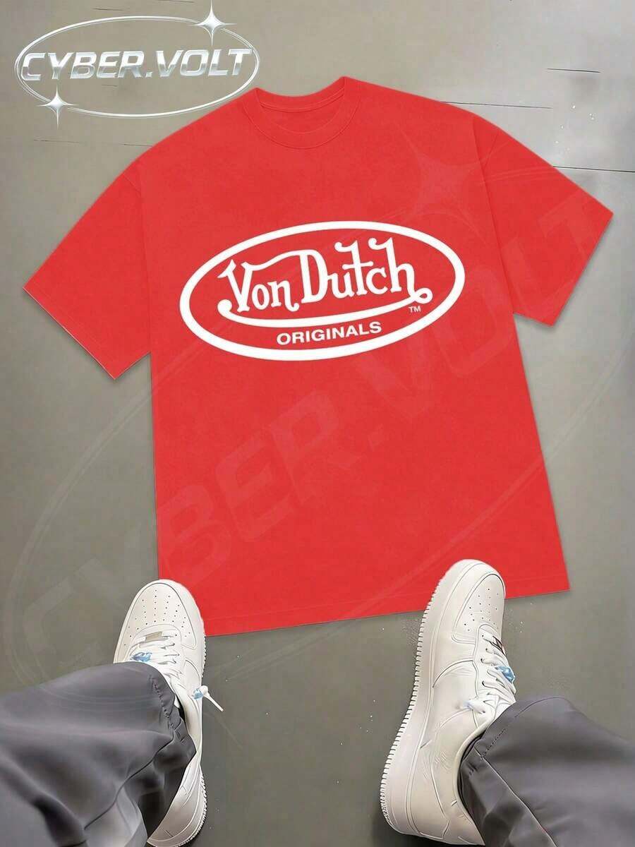 Dutch Manfinity Y2K Style Print (180g Pure Cotton T-Shirt) Cotton T-Shirt - Soft And Breathable, Green Print 100% Pure Cotton Fabric - Comfortable And Vibrant Summer Streetwear Short-Sleeved T-Shirt, Cool Motorcycle Design, Vintage Summer Everyday Wear T-Shirt - 紅色 - 查看 1