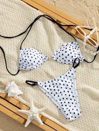 PEPPERMOLLY Bộ bikini hai mảnh gợi cảm phong cách retro 2026, chấm bi đen trắng, lý tưởng cho kỳ nghỉ trên đảo và bãi biển mùa hè.