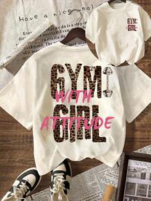 GYM GIRL Slogan Graphic Casual Round Neck Short Sleeve T-Shirt, Women Summer Outfits - Light Apricot - View 1