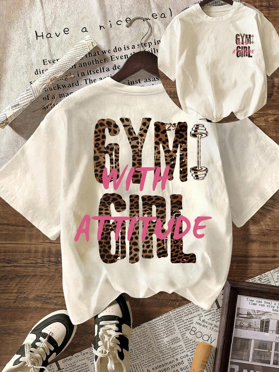 GYM GIRL Slogan Graphic Casual Round Neck Short Sleeve T-Shirt, Women Summer Outfits - Light Apricot - View 1
