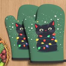 2 đôi găng tay lò nướng hình mèo đen dễ thương cho Giáng sinh, thiết kế mèo con màu xanh lá cây và vằn, chịu nhiệt tốt khi nướng bánh - Găng tay nhà bếp có thể giặt máy, dùng cho nướng bánh, nướng BBQ, lò vi sóng (thân thiện với lò vi sóng, bền) - Lý tưởng - Xem 3
