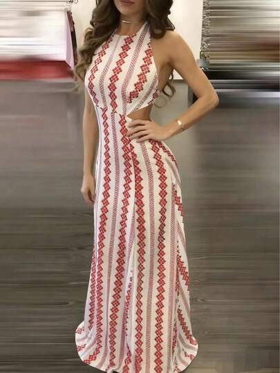 Women's Geometric Print Backless Spaghetti Strap Dress, Bohemian Style Backless Hollow Out A-Line Long Dress, Woven Fabric Summer Party