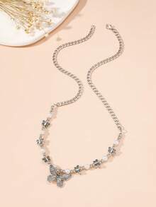 新款时尚仿珍珠蝴蝶项链，个性化复古嘻哈吊坠项链，女士款 - 蝴蝶珍珠項鍊 - 查看 3